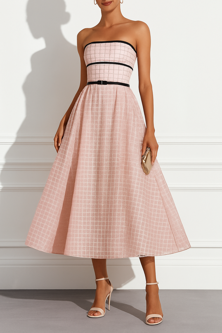Stardust Plaid and Sequin Bow Patchwork Detail Strapless A-line Midi Dress