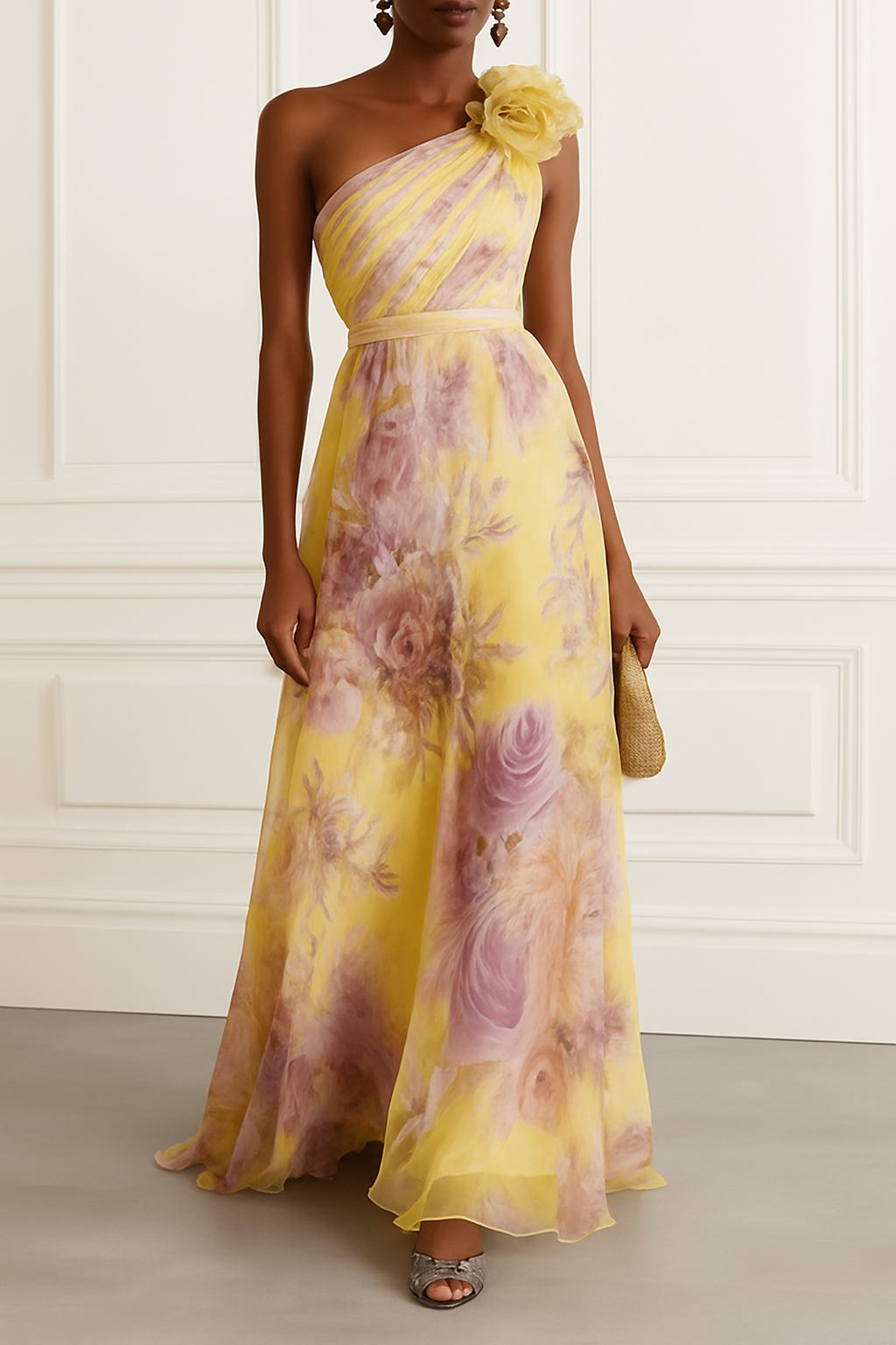 Verne Chiffon 3D Floral One Shoulder Pleated Sleeveless A-Line Gown Maxi Dress