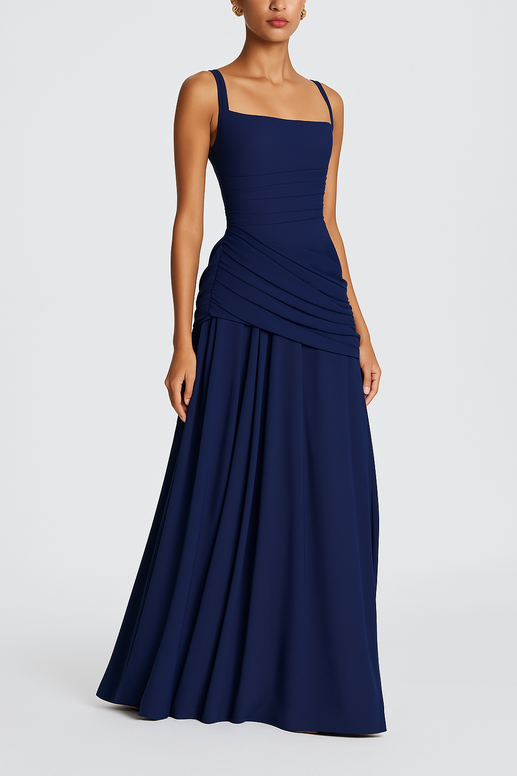 Stylish Spaghetti Strap Square Neck Slim-fit Elegant Pleated Maxi Dress