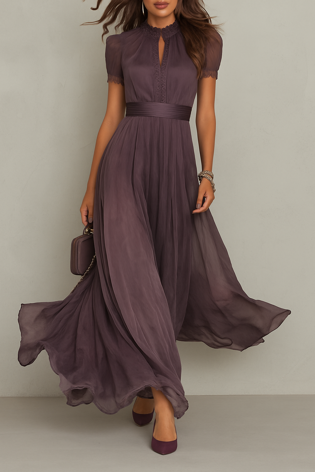 Elegant Lace Trim Keyhole Puff Sleeve Flowing Chiffon Maxi Dress