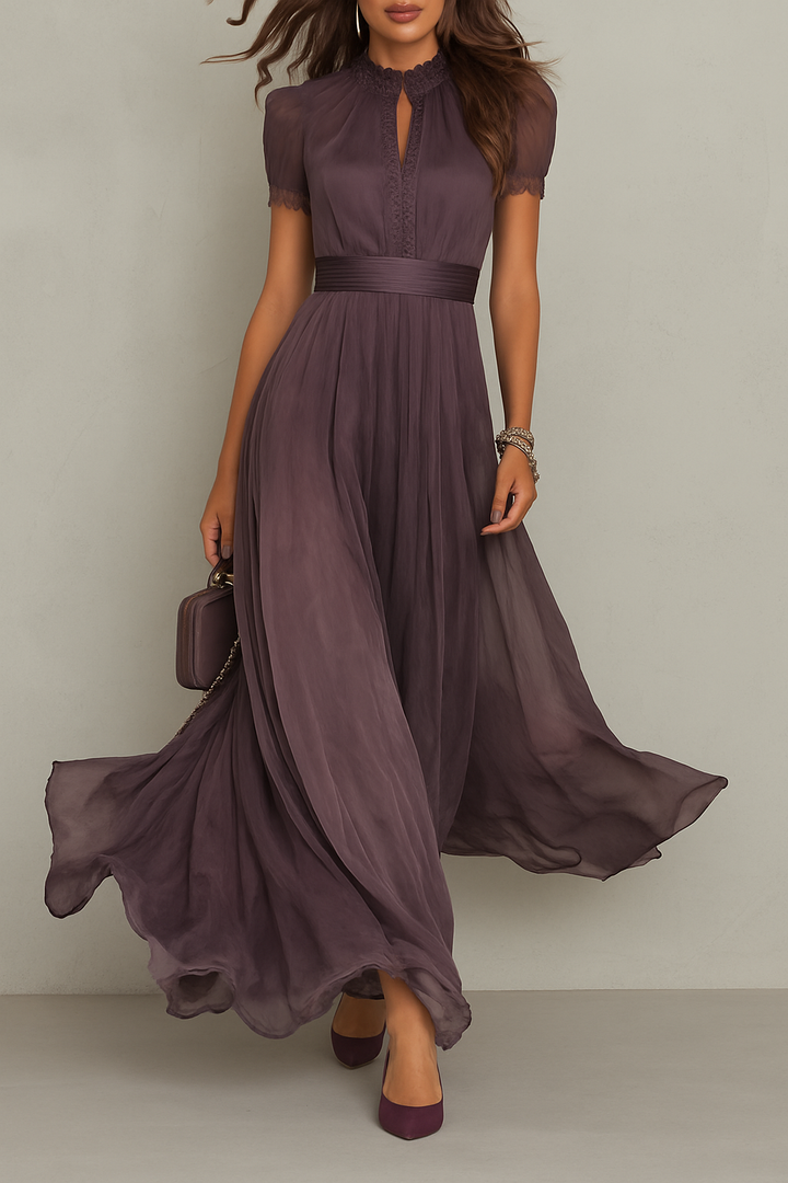 Elegant Lace Trim Keyhole Puff Sleeve Flowing Chiffon Maxi Dress