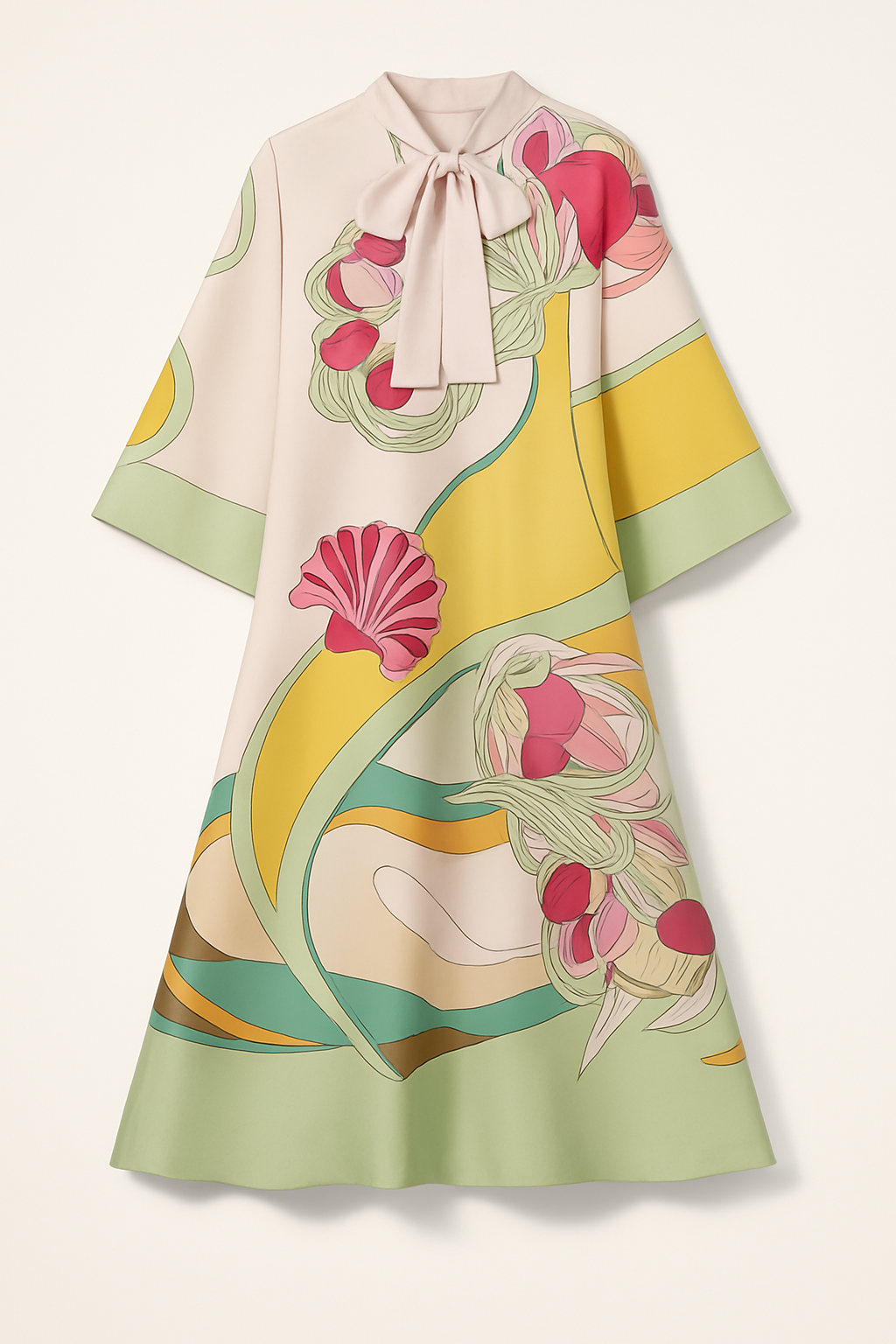 Darla Satin Colorful Baroque Style Printed Tie-up Neck Bell Sleeve Maxi Dress