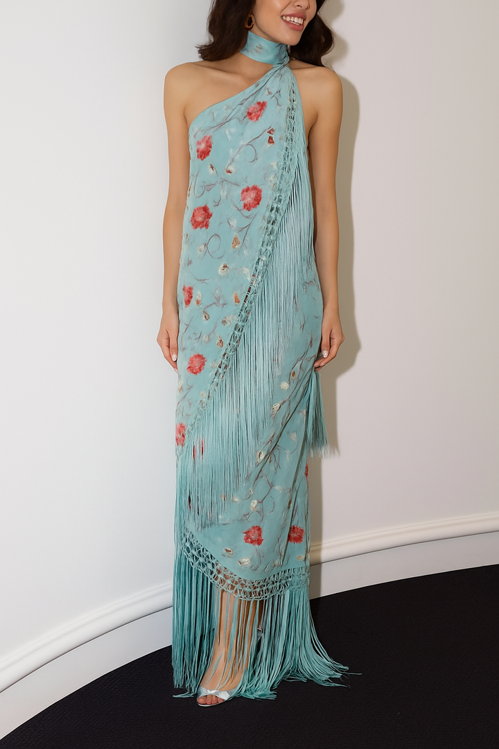 Floral Print Halter Neck Sleeveless Elegant Tassel Maxi Dress