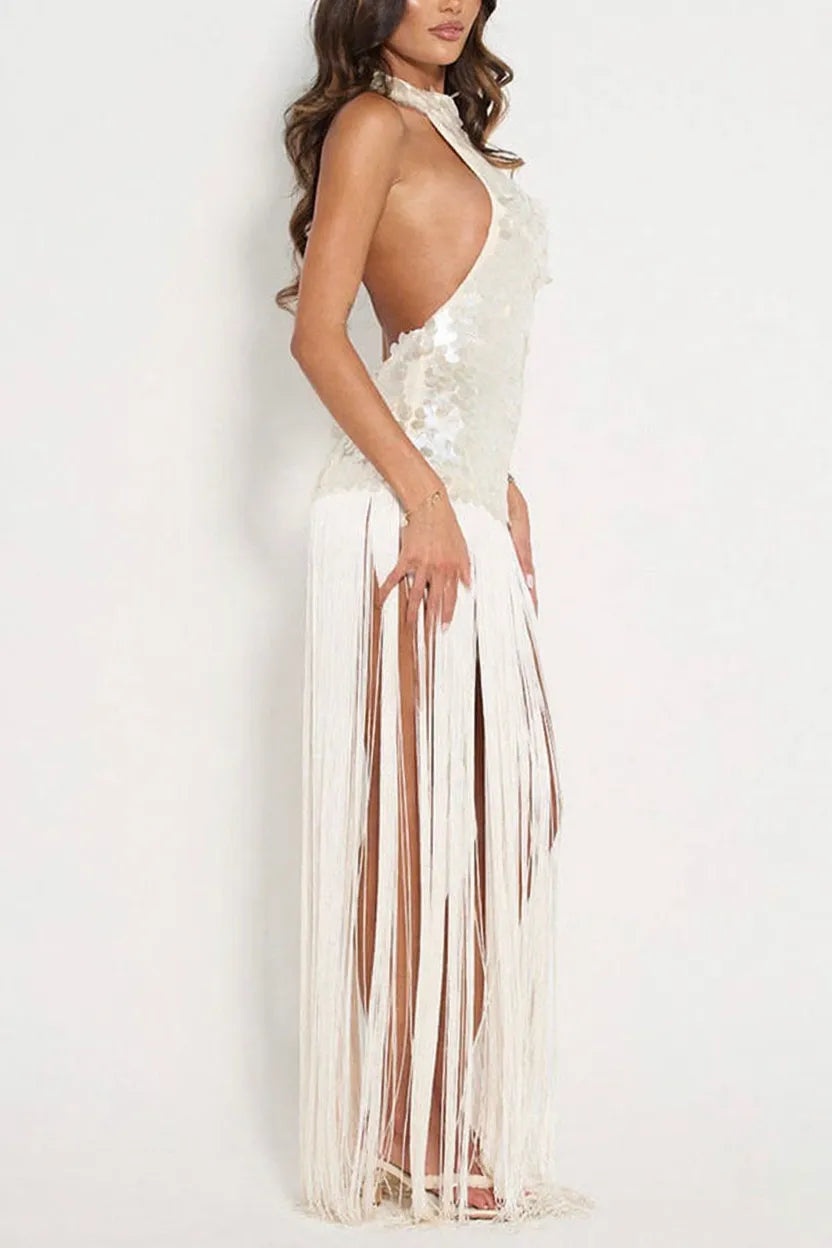 Eye-catching Metallic Disc Sequin Embellishments Overlay Fringe Hem Halter Neck Maxi Dress