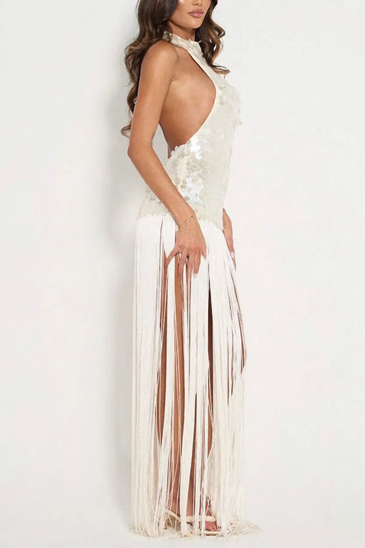 Eye-catching Metallic Disc Sequin Embellishments Overlay Fringe Hem Halter Neck Maxi Dress