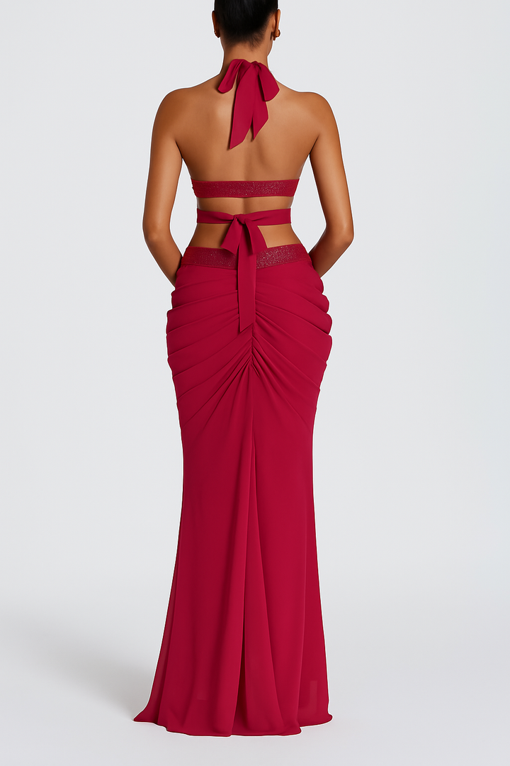Sophie Chiffon Embellished Trim Crop Halter Tank and Dramatic Gathered Drape Maxi Skirt Set