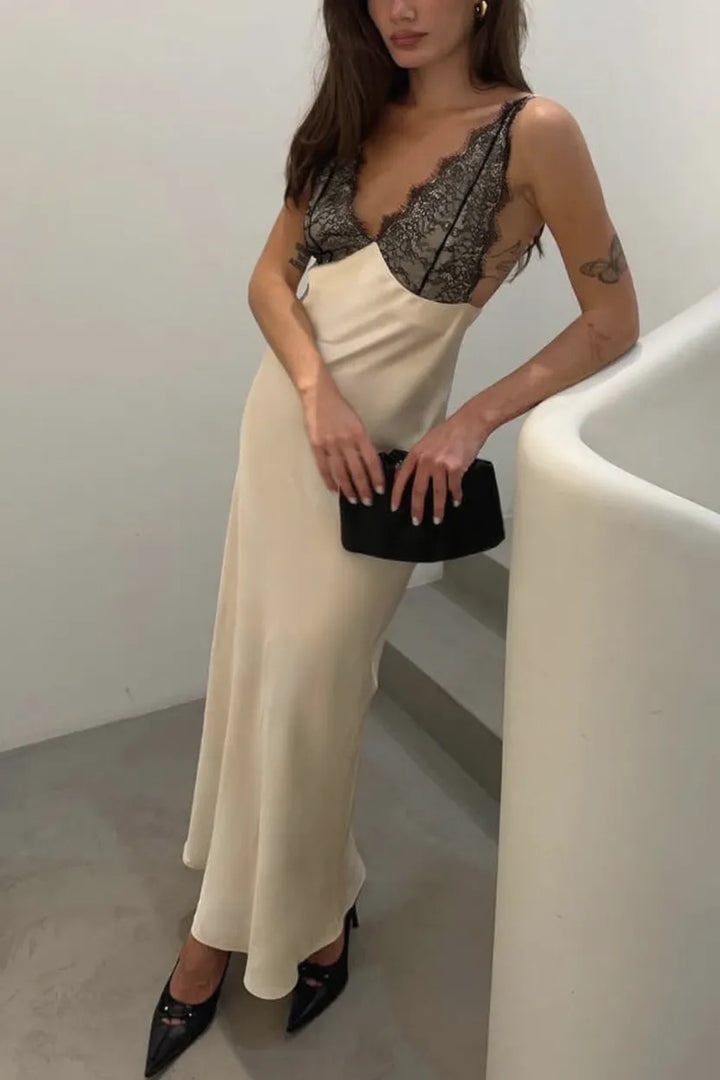 Fashionable Satin Lace Patchwork Spaghetti Strap Backless Elegant Slim-fit Maxi Dress