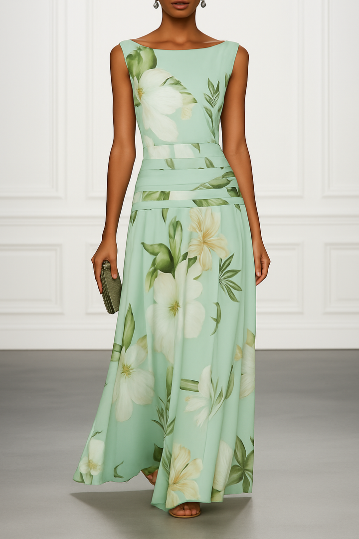Classic Floral Print Boat Neck Ruched Waist Sleeveless A-Line Maxi Dress