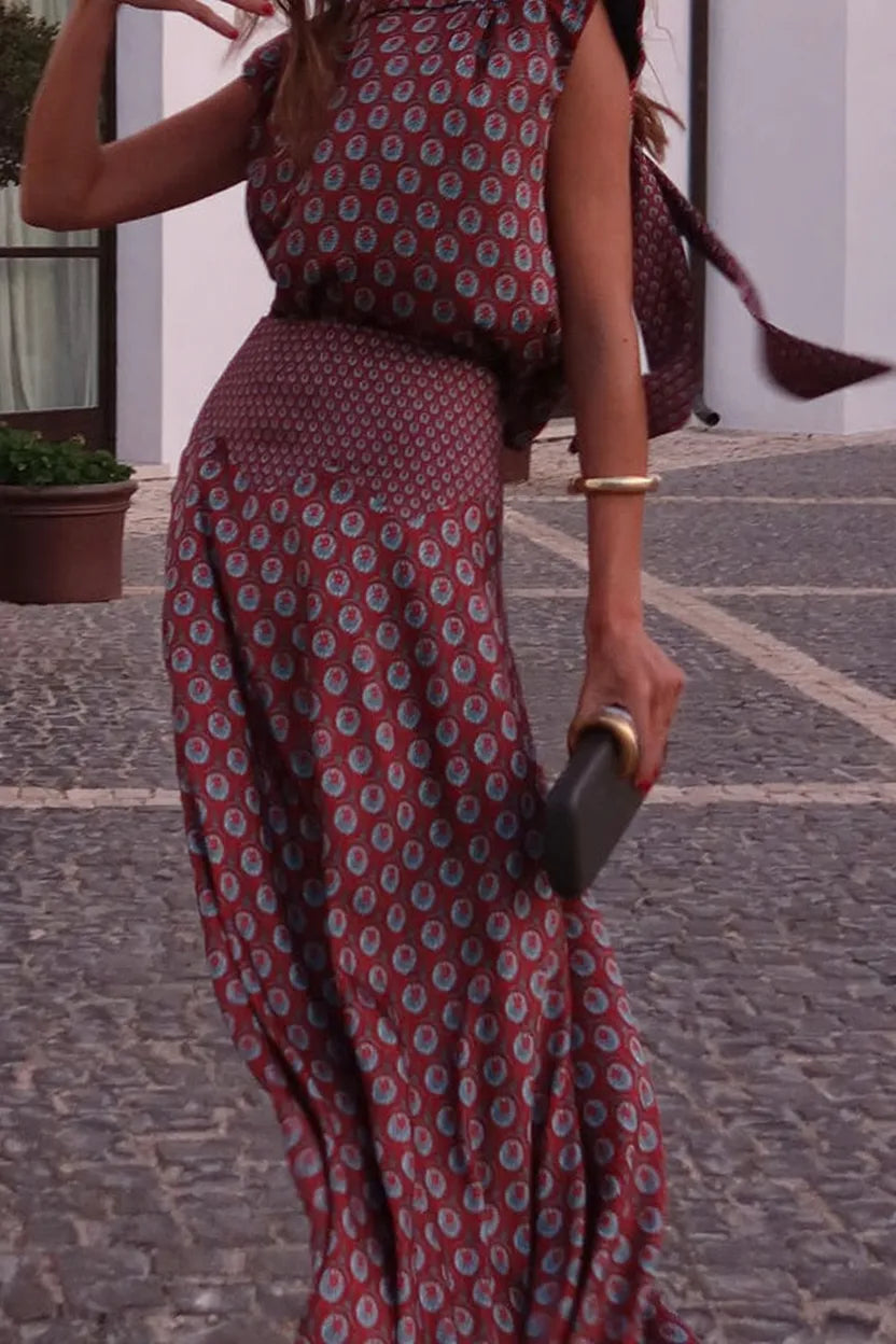 Dalena Satin Art Print High Tie-up Neck Short Sleeve Top and High Rise Maxi Skirt Set