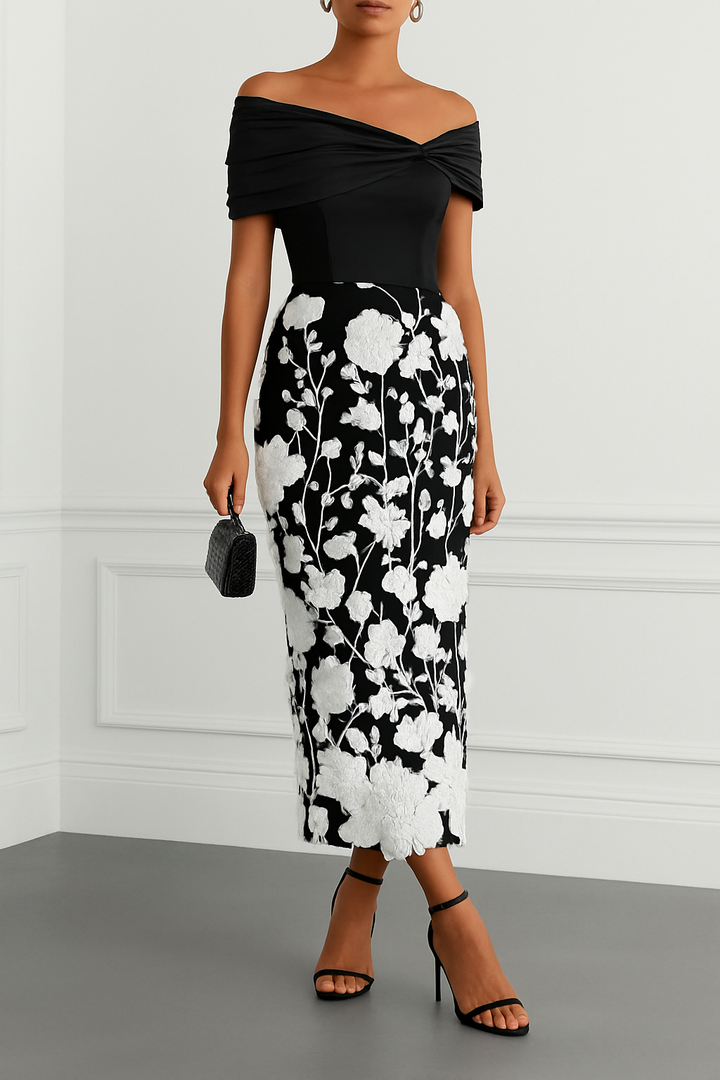 Classic 3D Floral Embroidery Off The Shoulder Short Sleeve Sheath Midi Dress