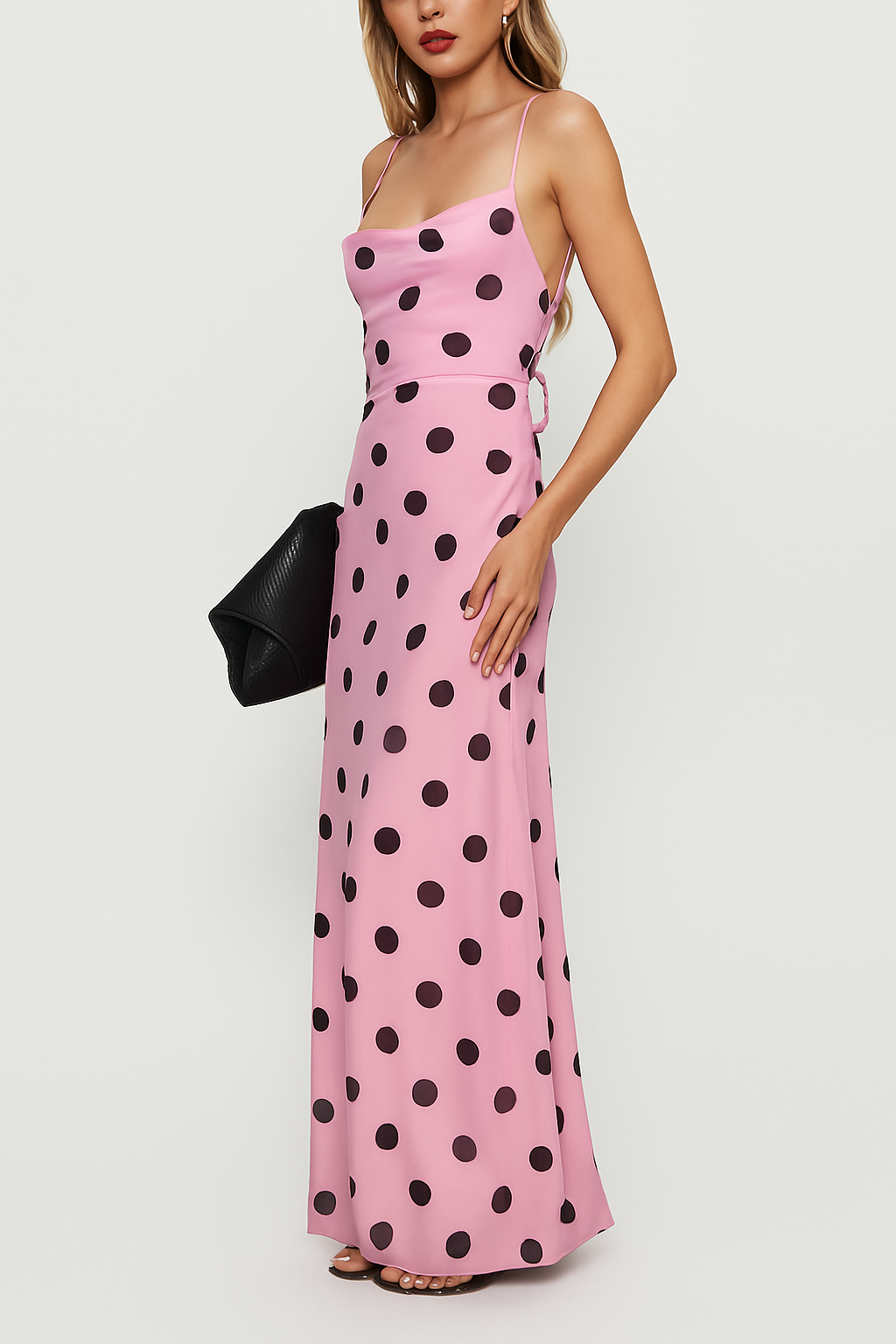 Polka Dot Print Halter Neck Backless Tie Elegant Slim-fit Maxi Dress