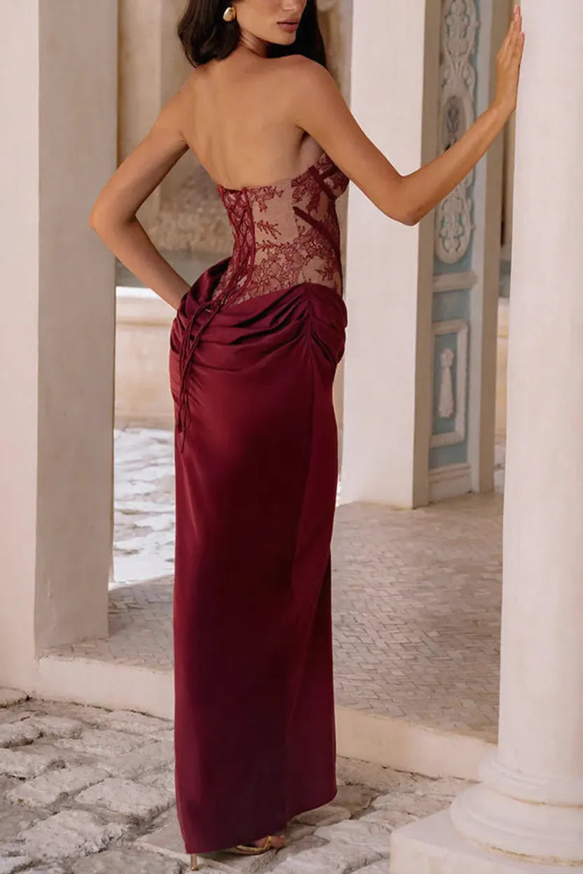 Kathleen Floral Lace Contrast Structural Detail Back Lace-up Satin Hem Strapless Maxi Dress