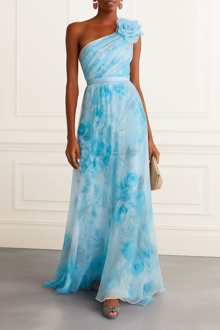 Verne Chiffon 3D Floral One Shoulder Pleated Sleeveless A-Line Gown Maxi Dress