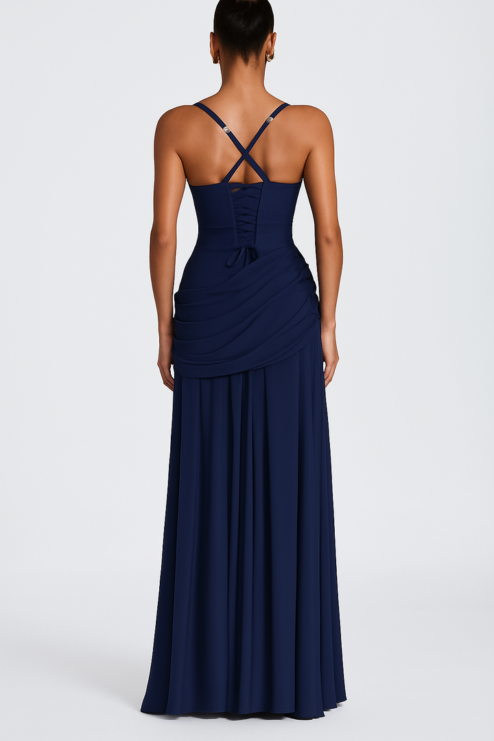 Stylish Spaghetti Strap Square Neck Slim-fit Elegant Pleated Maxi Dress