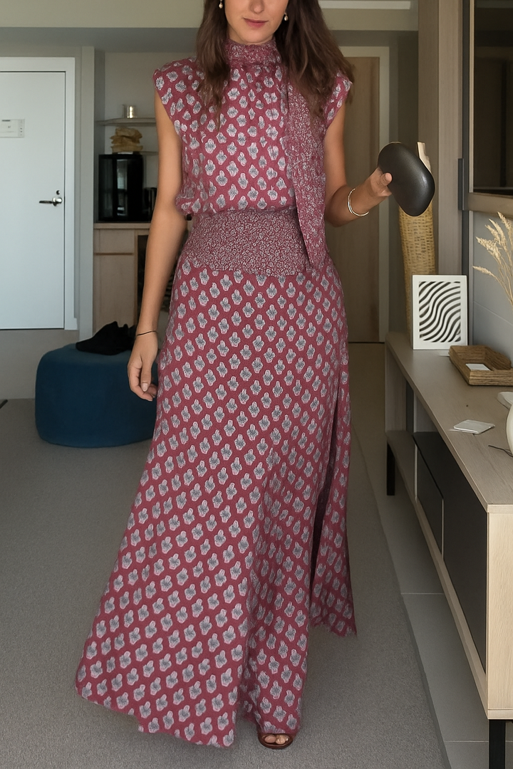 Dalena Satin Art Print High Tie-up Neck Short Sleeve Top and High Rise Maxi Skirt Set