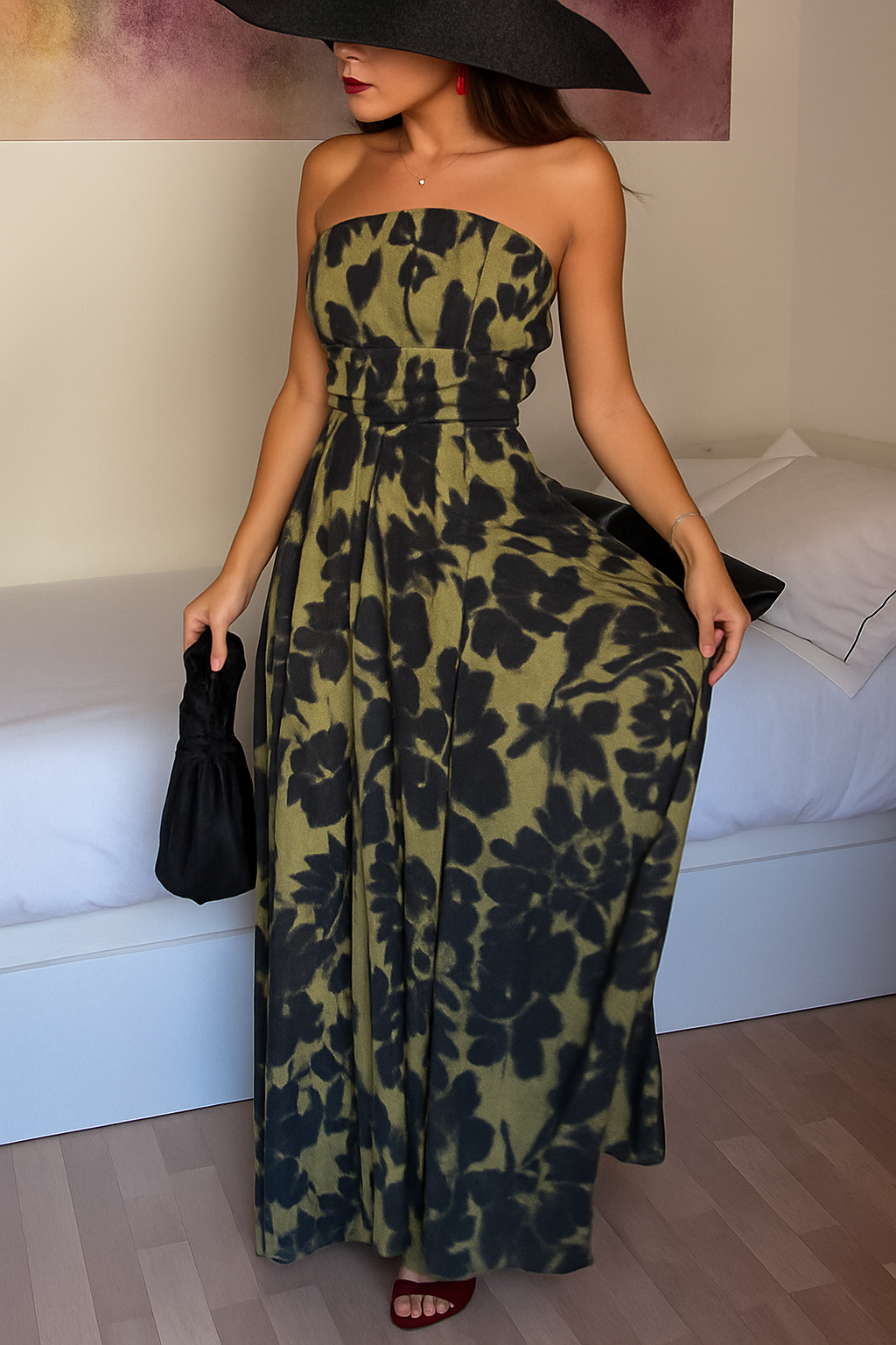 Elara Linen Blend Floral Print Princess Line Design Detachable Sleeves Maxi Dress