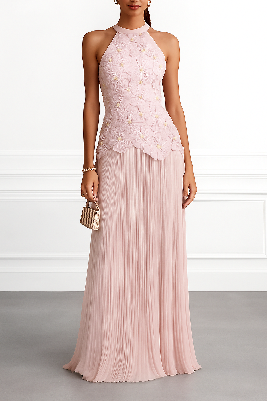Emilie 3D Floral Embroidery Pleated Chiffon Hem Halter Neck Sleeveless Maxi Dress