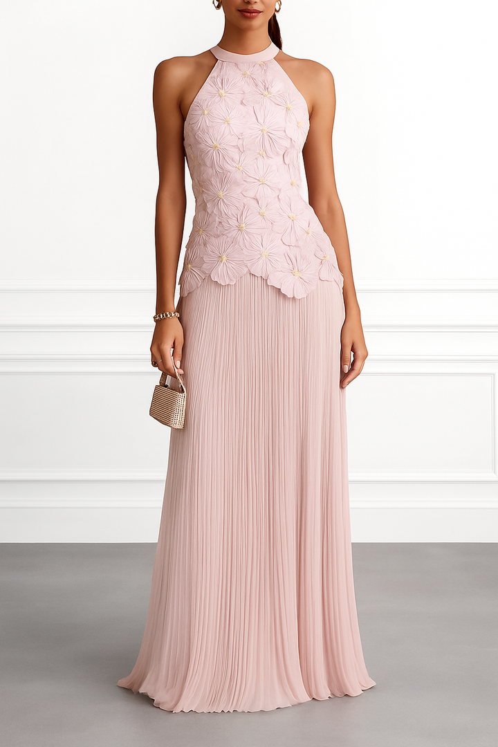 Emilie 3D Floral Embroidery Pleated Chiffon Hem Halter Neck Sleeveless Maxi Dress