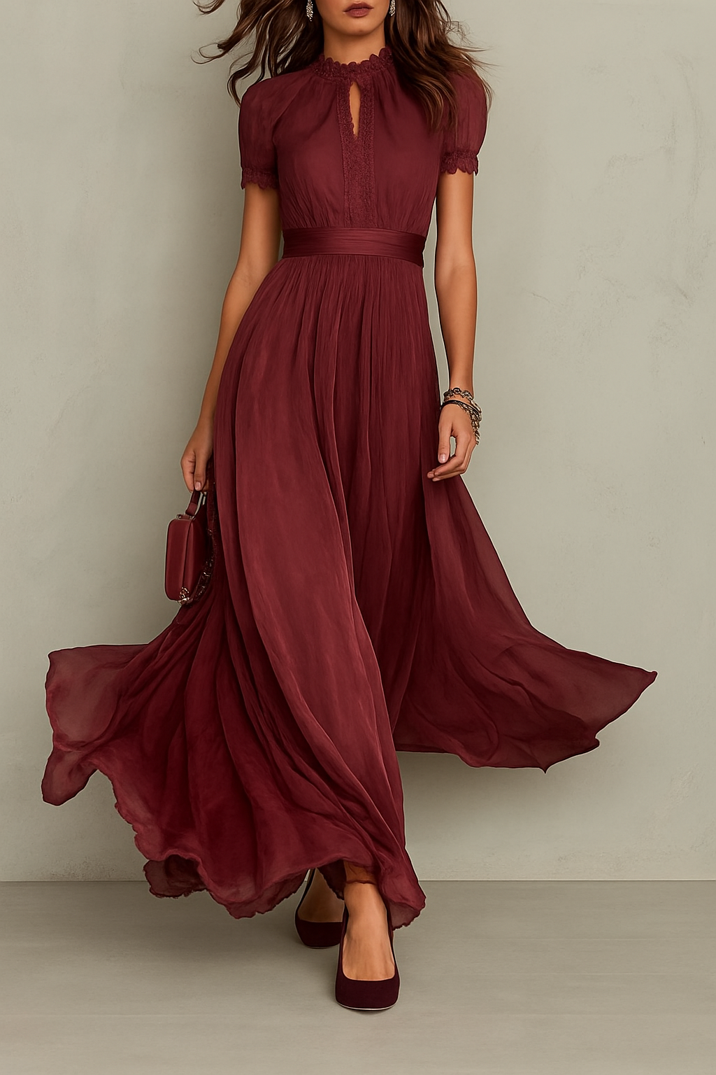 Elegant Lace Trim Keyhole Puff Sleeve Flowing Chiffon Maxi Dress
