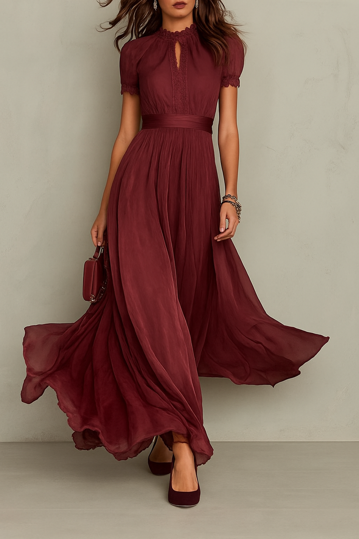 Elegant Lace Trim Keyhole Puff Sleeve Flowing Chiffon Maxi Dress