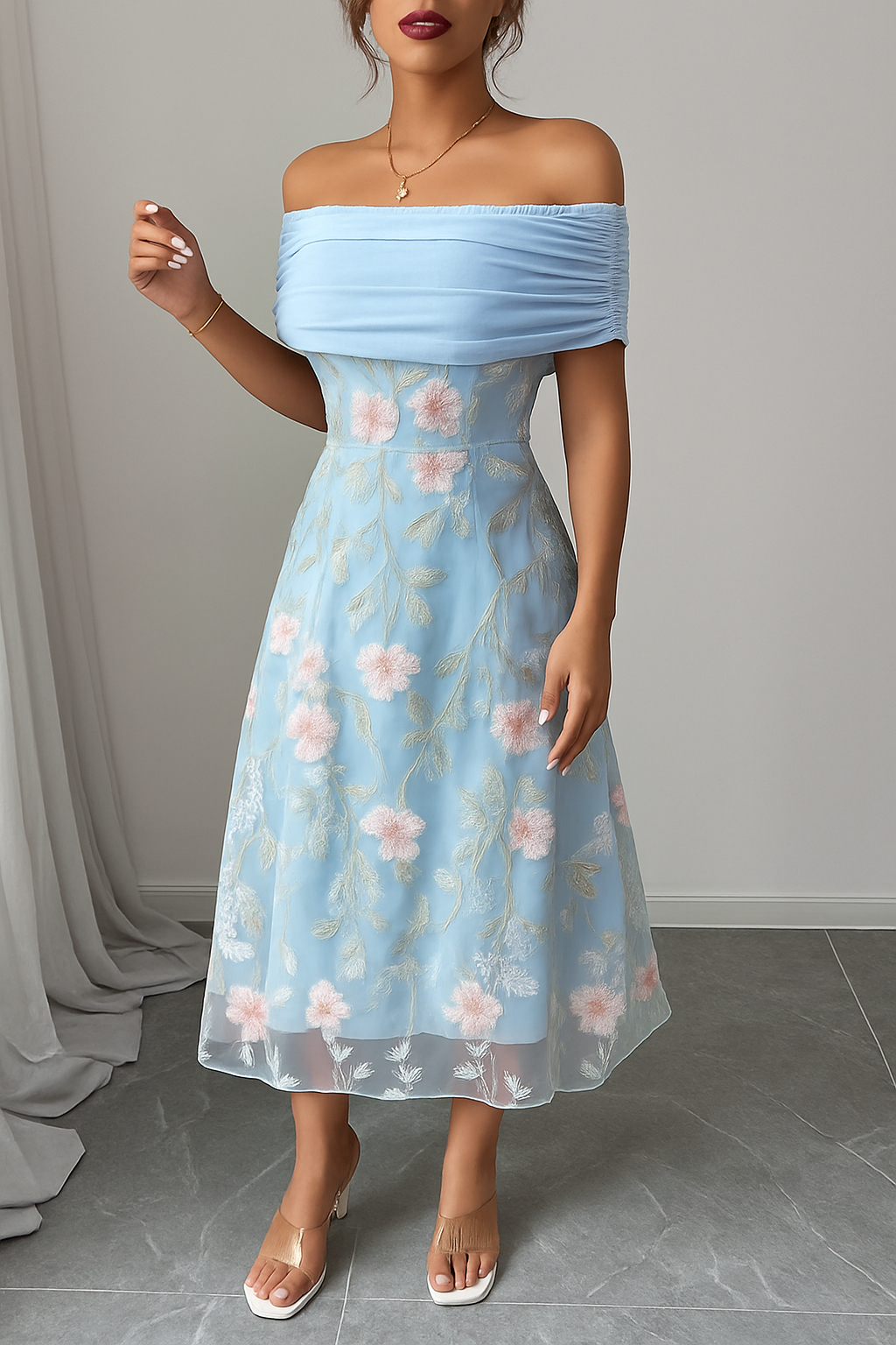 Elegant Ruched Off-Shoulder Floral Appliqué Midi Dress