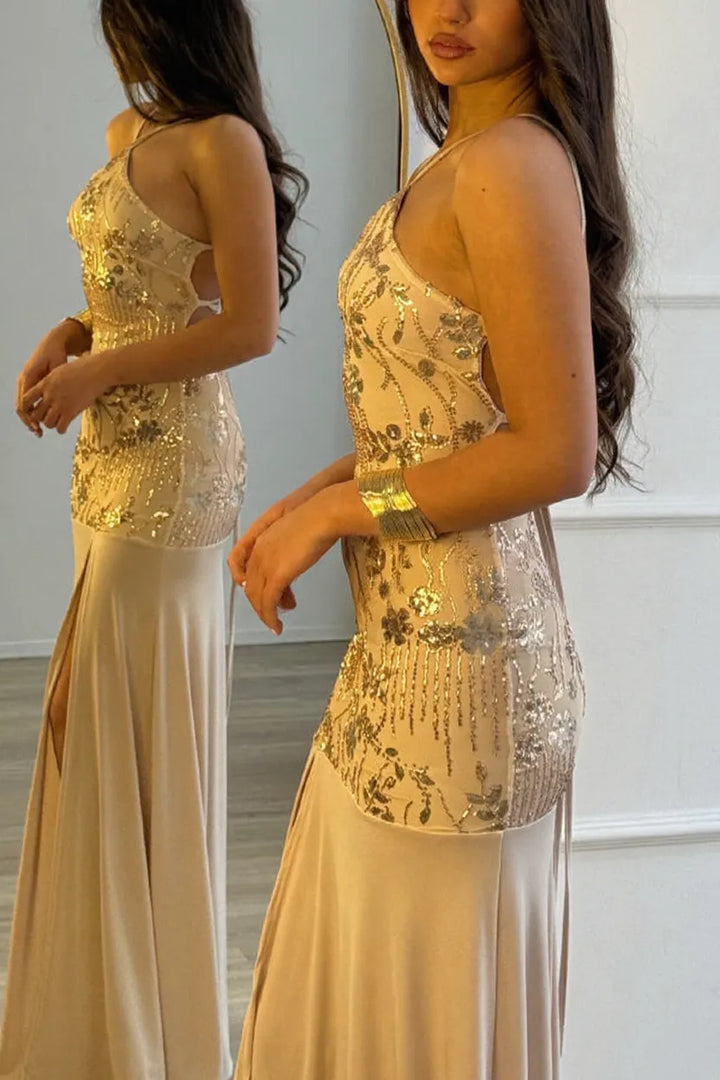 Fashionable Sequined Halter Neck Elegant Slim-fit Slit Maxi Dress