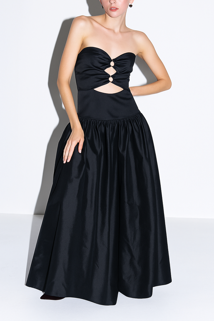 Elinna Silk Taffeta Crystal Rings Cut-out Detail Strapless Maxi Dress