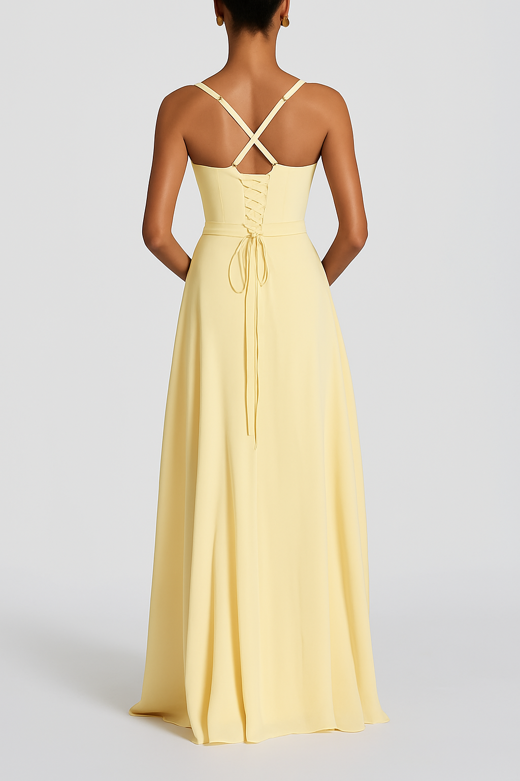 Irie Chiffon Sweetheart Neck Tapered Shoulder Straps Back Lace-up Drape Maxi Dress
