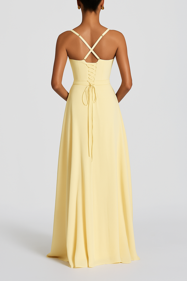 Irie Chiffon Sweetheart Neck Tapered Shoulder Straps Back Lace-up Drape Maxi Dress