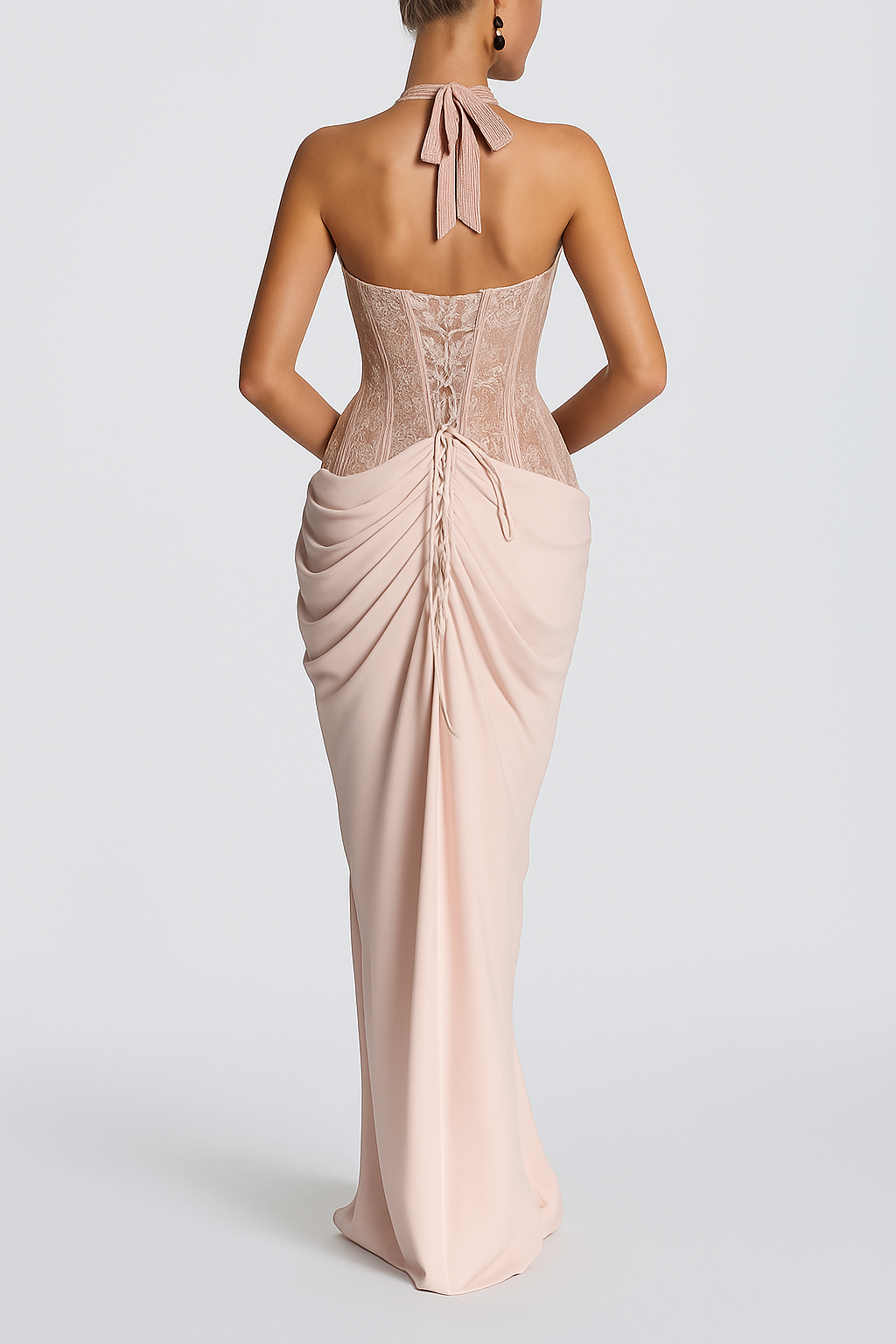 Bonita Floral Lace Contrast Structural Detail Asymmetrical Pleats Halter Slit Maxi Dress