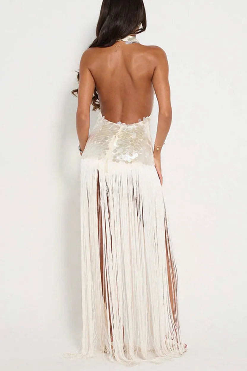 Eye-catching Metallic Disc Sequin Embellishments Overlay Fringe Hem Halter Neck Maxi Dress