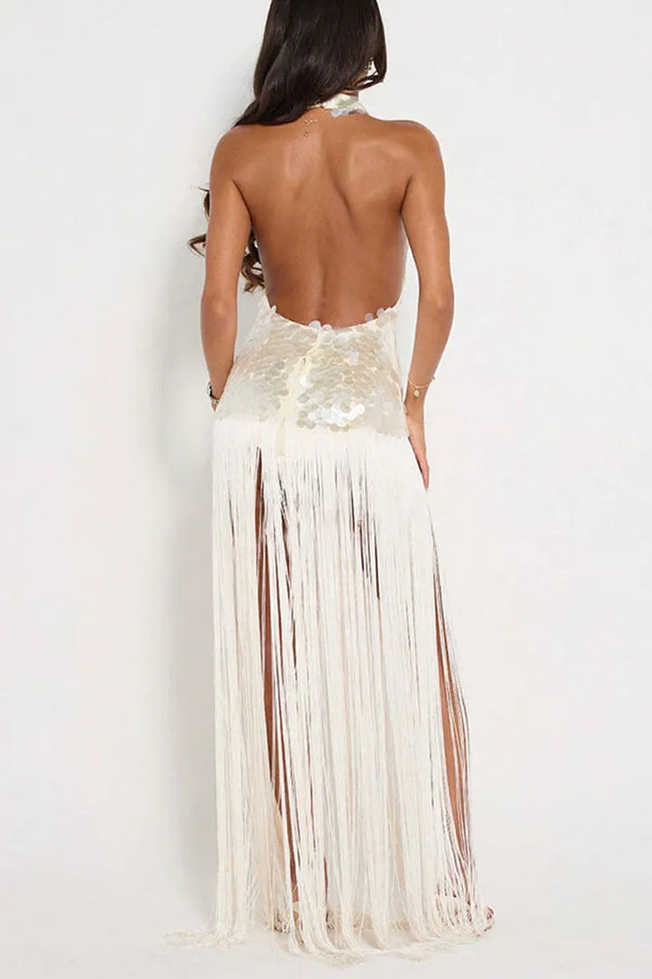 Eye-catching Metallic Disc Sequin Embellishments Overlay Fringe Hem Halter Neck Maxi Dress