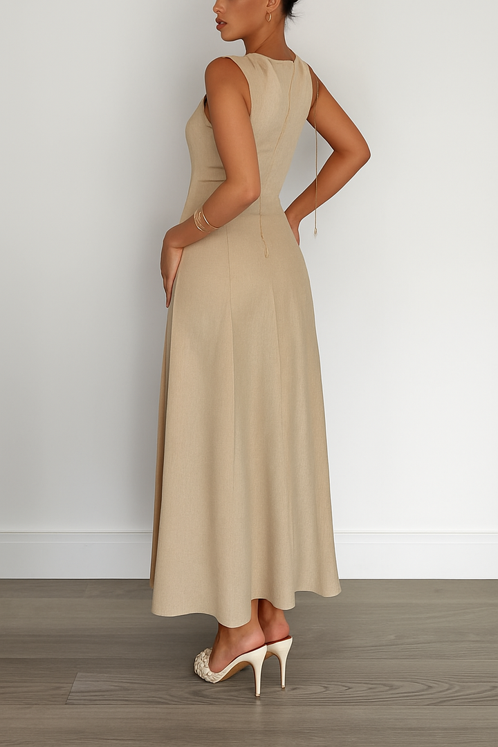 Solid Color Round Neck Sleeveless Elegant Pleated Casual Maxi Dress