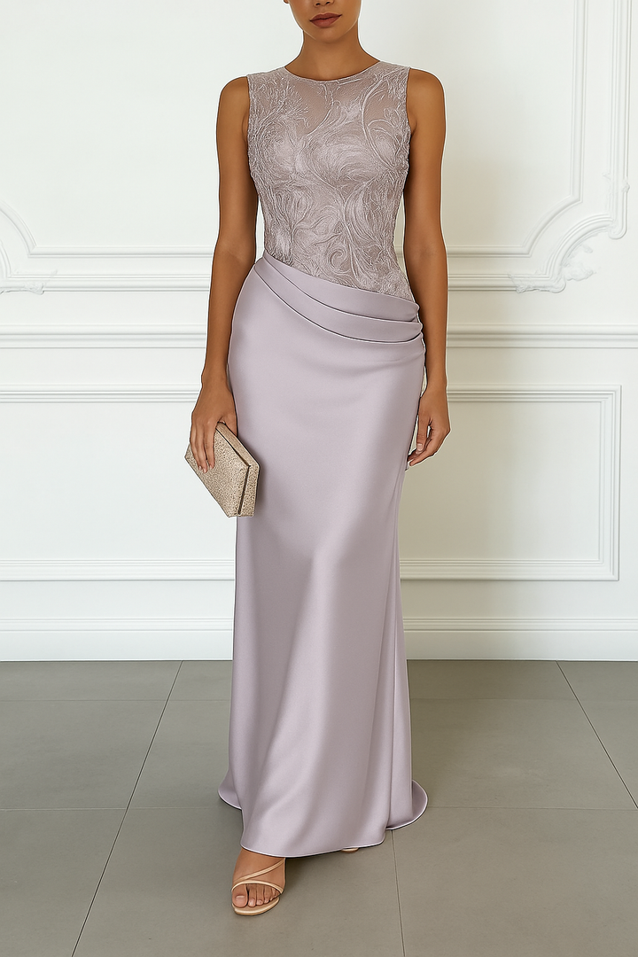 Vera Mesh Embroidery Satin Ruched Crew Neck Sleeveless Gown Maxi Dress