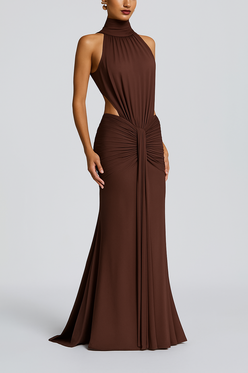 Thekla Stretch Slinky Jersey High Neck Ruched Backless Drape Maxi Dress