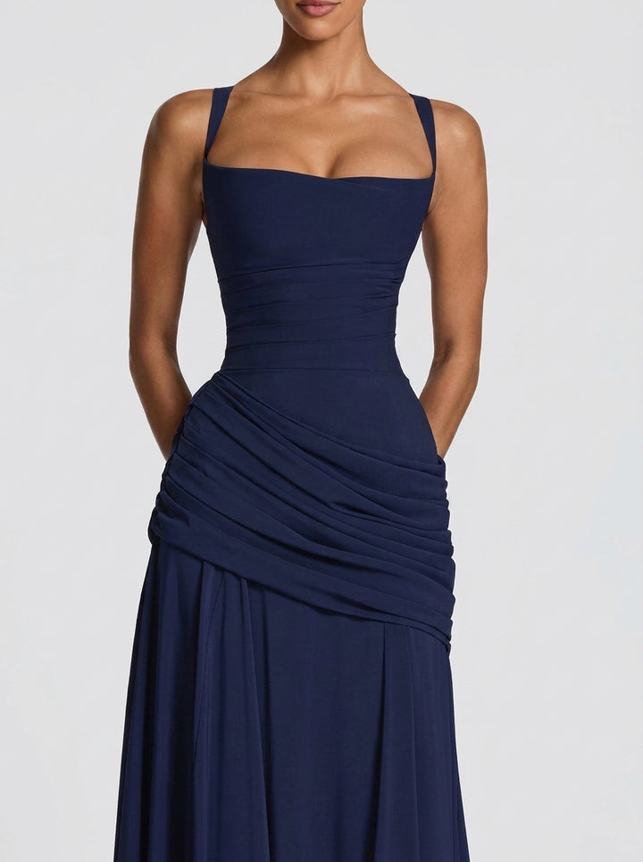 Stylish Spaghetti Strap Square Neck Slim-fit Elegant Pleated Maxi Dress