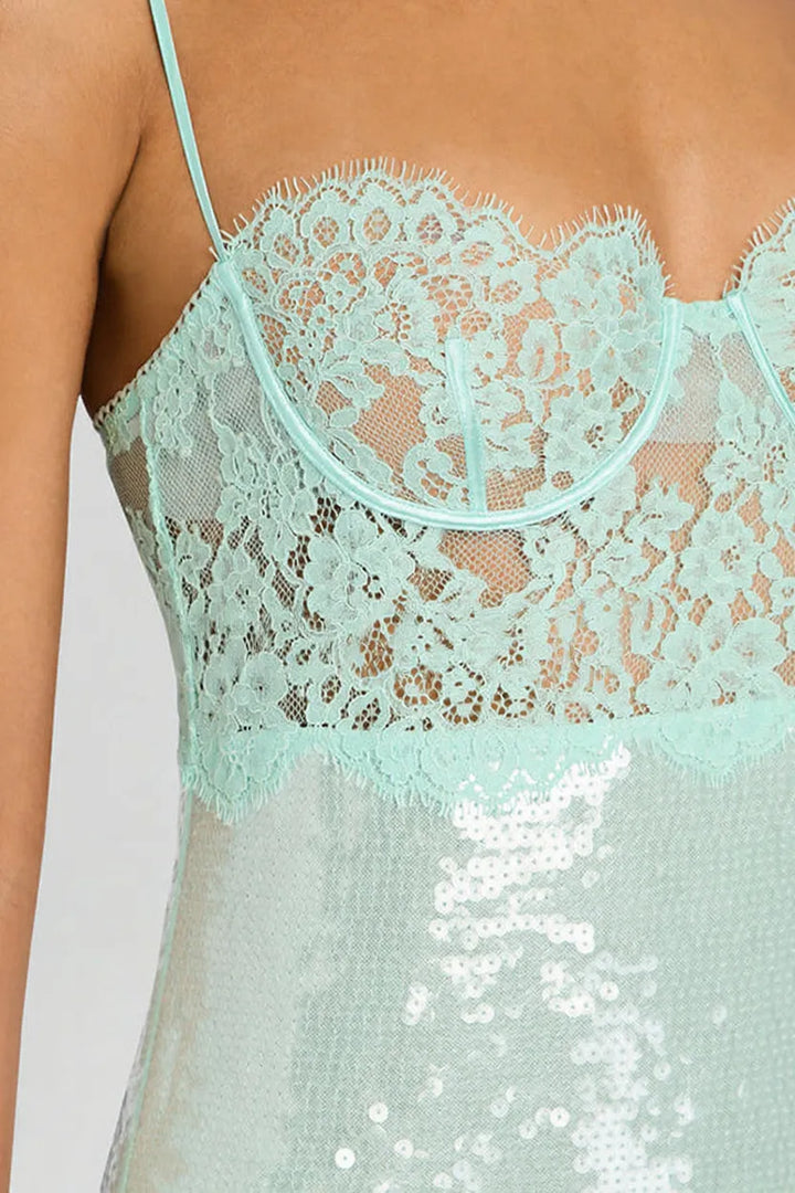 Alexandra Sequin Contrast Sheer Lace Bodice Slip Mini Dress