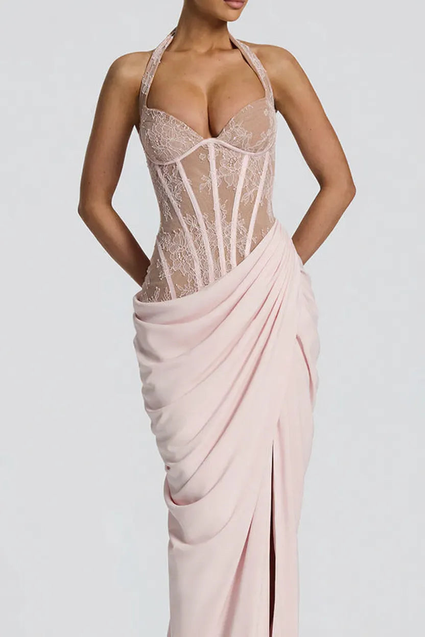 Bonita Floral Lace Contrast Structural Detail Asymmetrical Pleats Halter Slit Maxi Dress