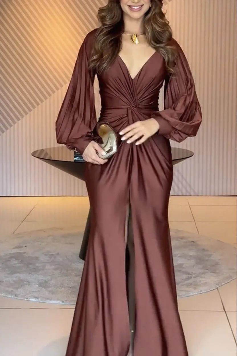 Raise A Toast Satin Long Balloon Sleeve Twist Waist Slit Maxi Dress