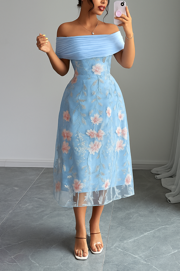 Elegant Ruched Off-Shoulder Floral Appliqué Midi Dress