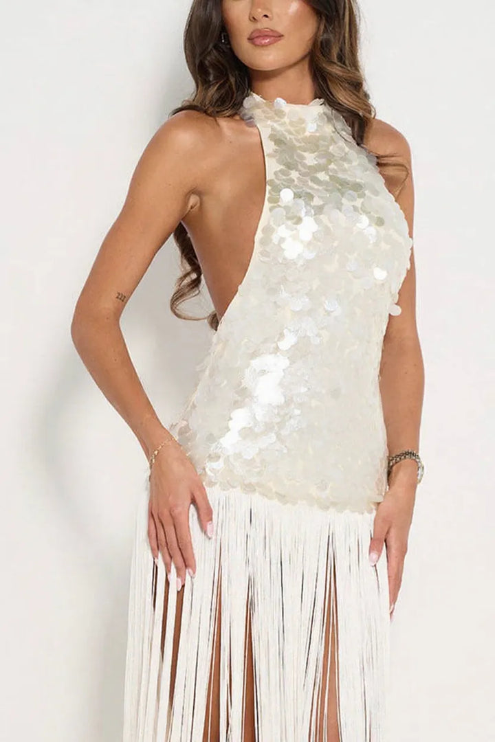 Eye-catching Metallic Disc Sequin Embellishments Overlay Fringe Hem Halter Neck Maxi Dress