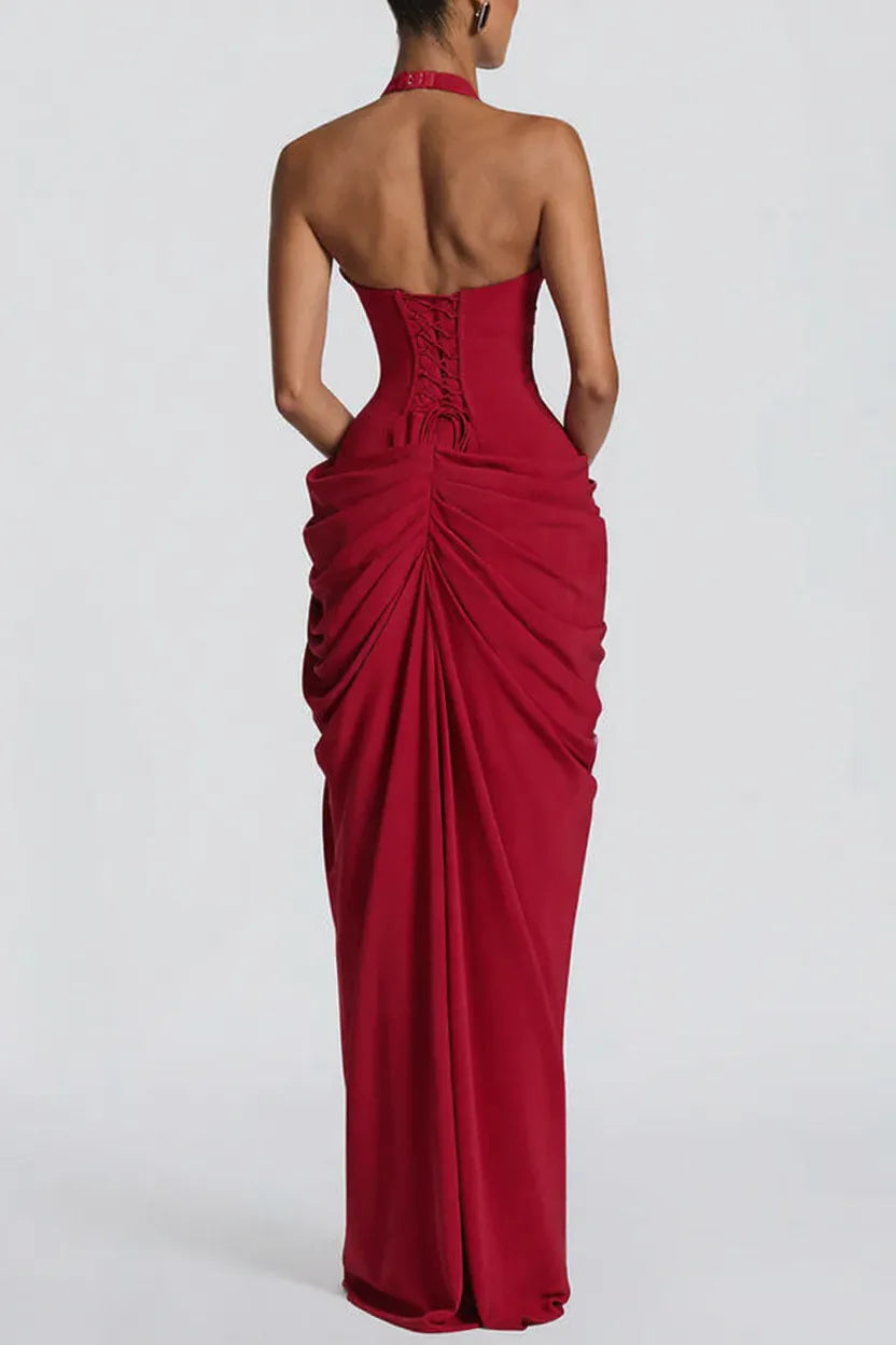 Minette Halter Back Lace-up Asymmetrical Pleats Slit Maxi Dress