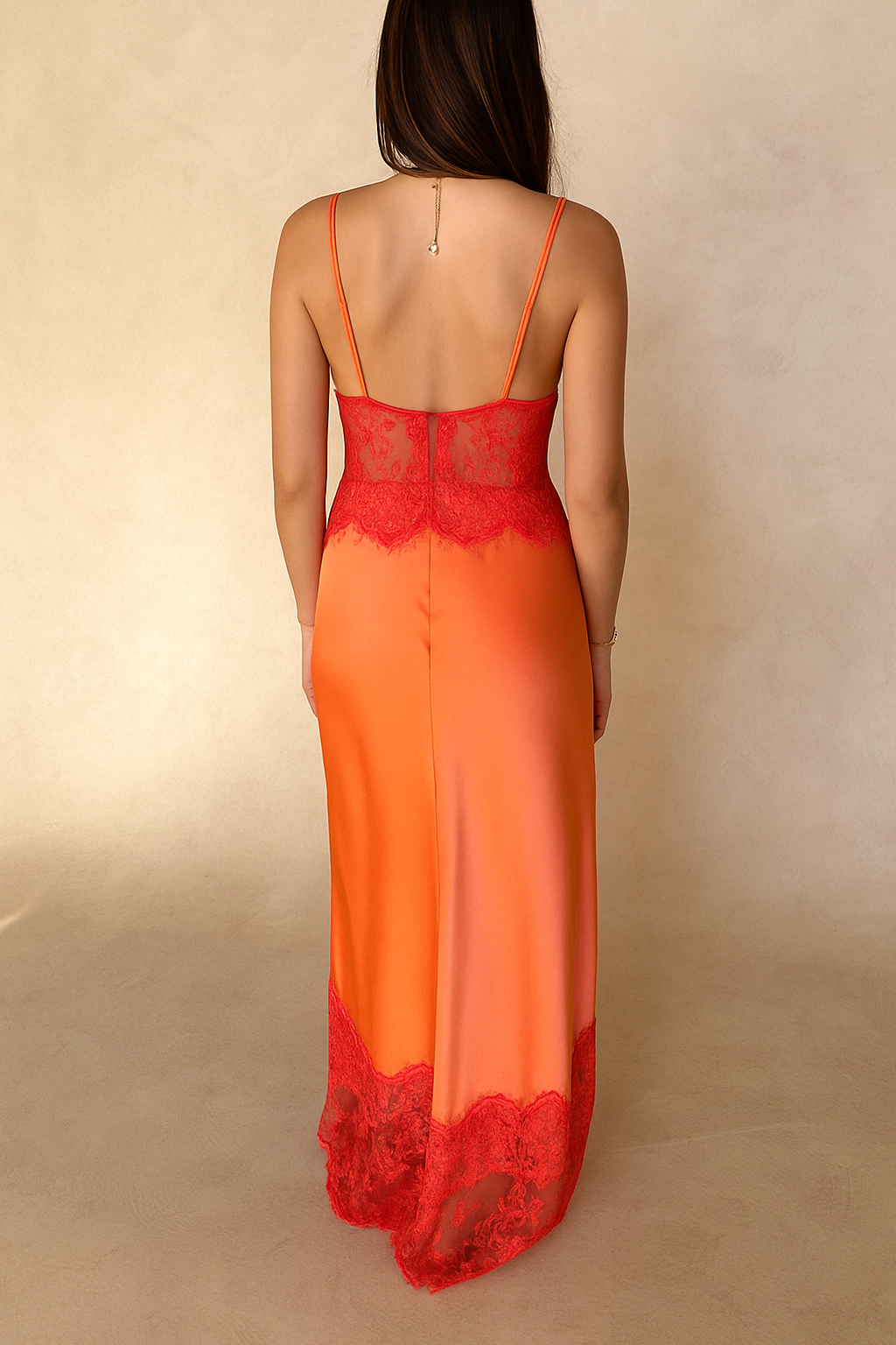 Fashionable Satin Lace Patchwork Sheer V-neck Elegant Slim-fit Maxi Dress