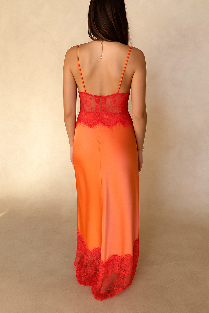 Fashionable Satin Lace Patchwork Sheer V-neck Elegant Slim-fit Maxi Dress
