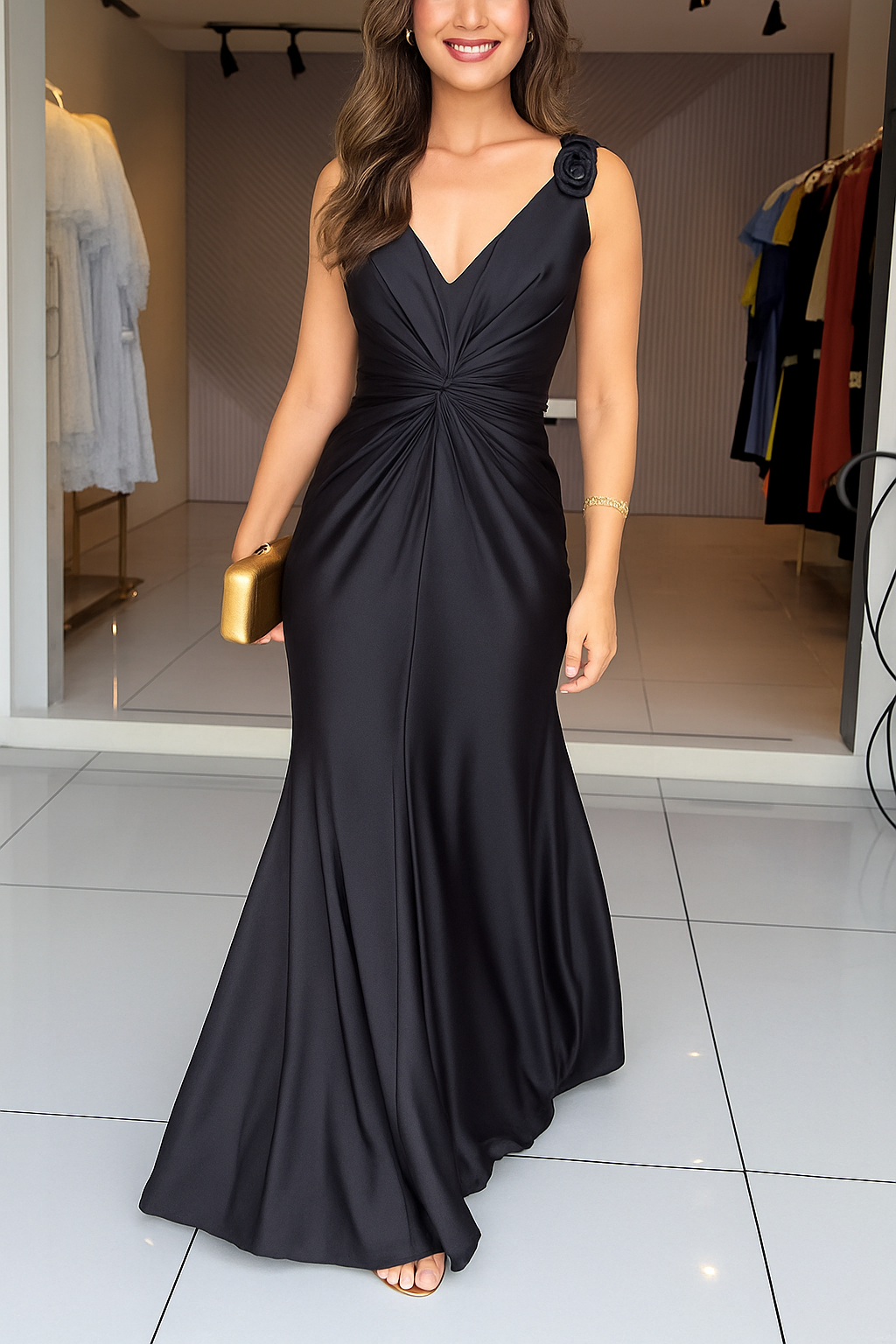 Glow Together Satin Knot Design Shoulder Strap Sleeveless Drape Slit Maxi Dress