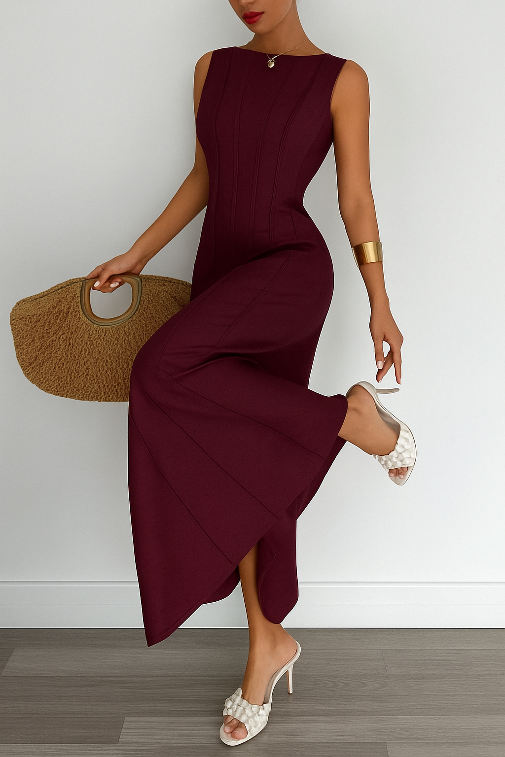 Solid Color Round Neck Sleeveless Elegant Pleated Casual Maxi Dress