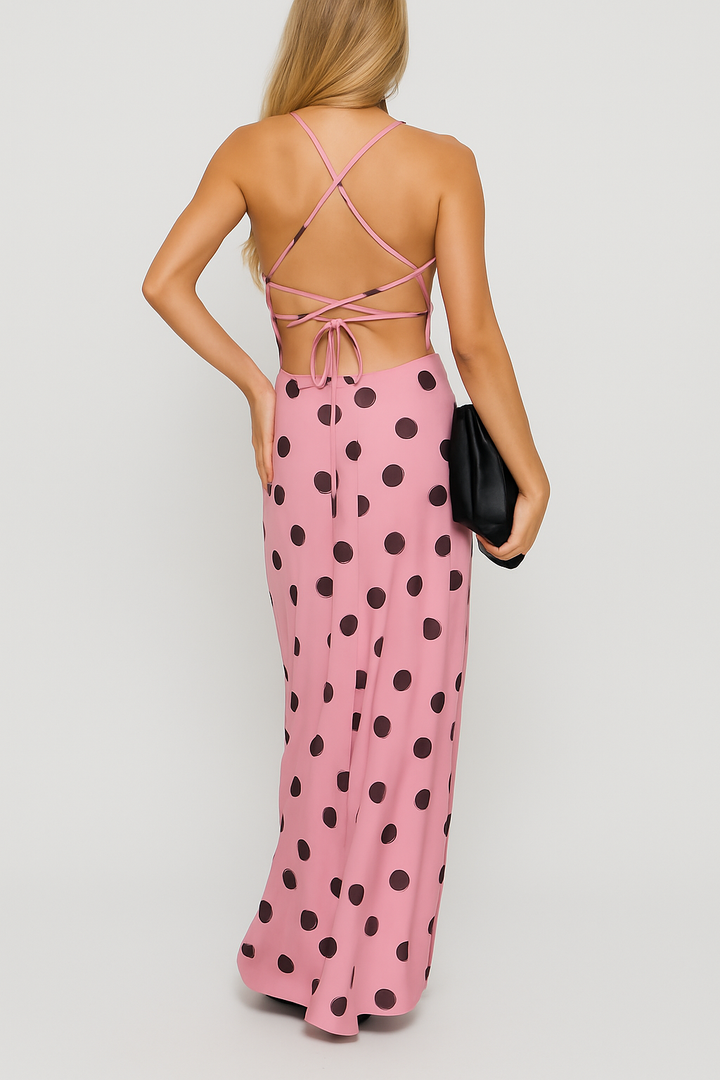 Polka Dot Print Halter Neck Backless Tie Elegant Slim-fit Maxi Dress