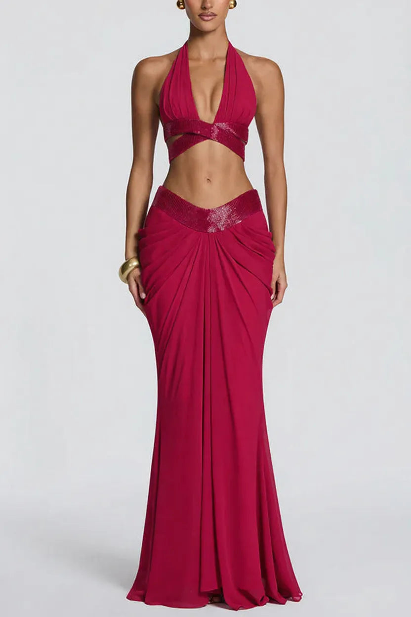 Sophie Chiffon Embellished Trim Crop Halter Tank and Dramatic Gathered Drape Maxi Skirt Set