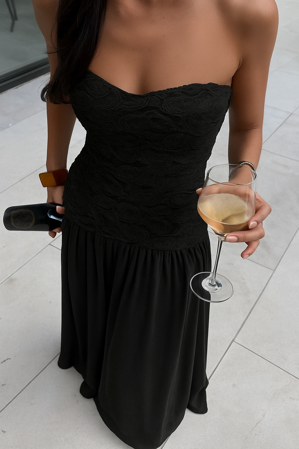 Stylish Three-dimensional Floral Chiffon Patchwork Strapless Elegant Maxi Dress