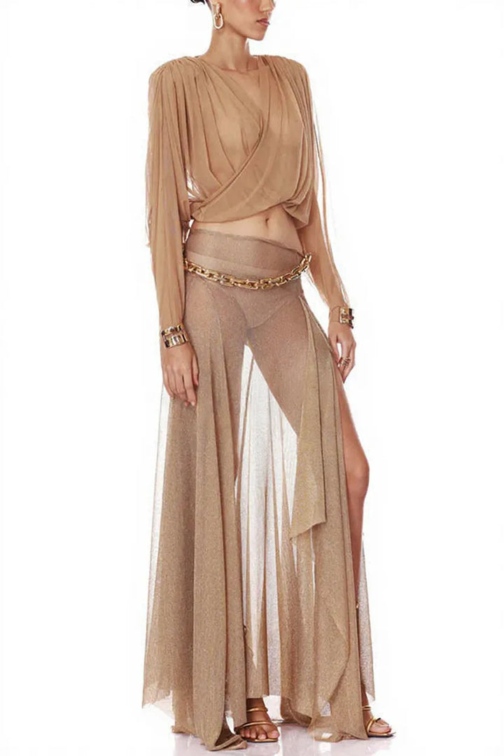 Dazzle Vacation Metallic Knit Long-sleeve Draped Crop Top and Mid Rise Irregular Slit Hem Maxi Skirt Set